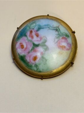 Antique Victorian Handpainted Porcelain Floral Brooch in Brass Frame 1.75”